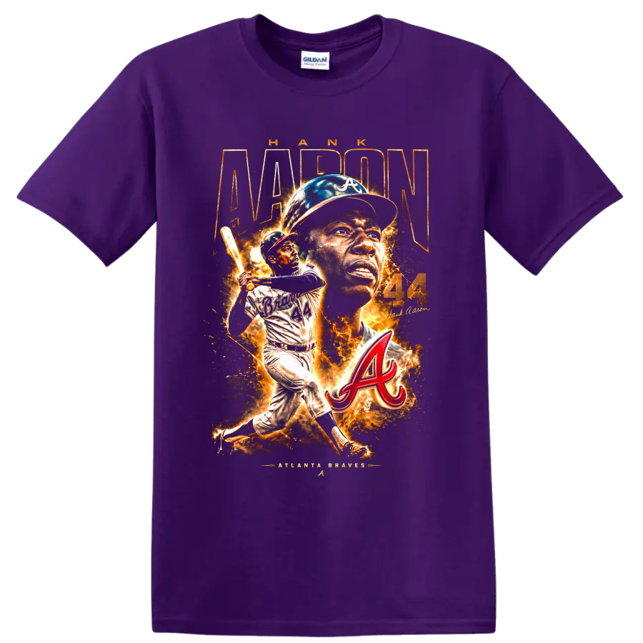 Hank Aaron Atlanta Braves No. 44 portrait and batting action graphic on a Purple T Shirt