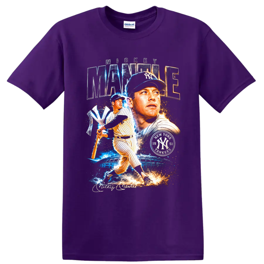Mickey Mantle New York Yankees portrait and batting collage with MANTLE lettering on a Purple T Shirt