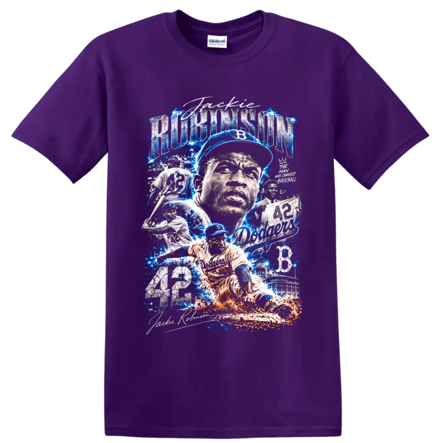 Jackie Robinson Brooklyn Dodgers 42 baseball collage with electric blue action effects on a Purple T Shirt
