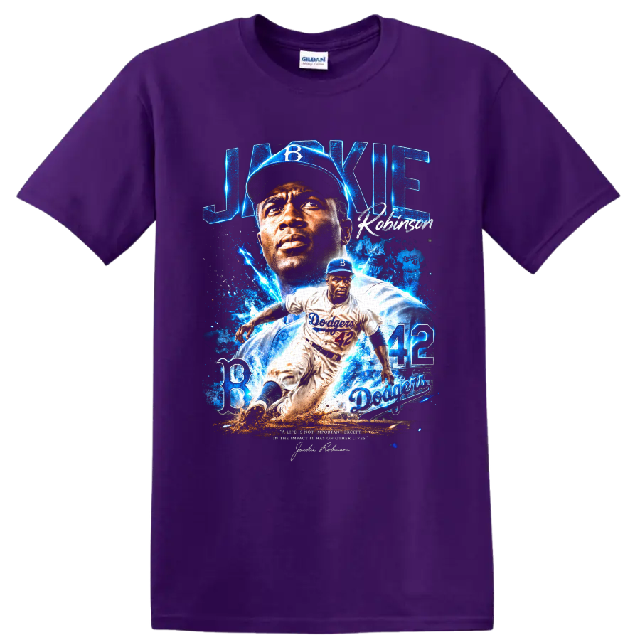 Jackie Robinson Brooklyn Dodgers 42 portrait and action baseball tribute graphic on a Purple T Shirt