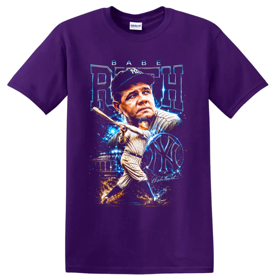 Babe Ruth Yankees baseball portrait and batting graphic with Yankee Stadium on a Purple T Shirt
