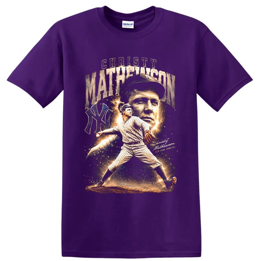 Christy Mathewson vintage baseball collage with pitcher portrait, action pose, and NY on a Purple T Shirt