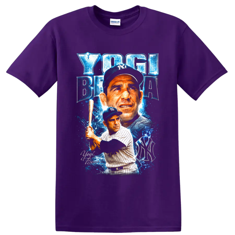 Yogi Berra New York Yankees portrait and batting graphic with blue electric effects on a Purple T Shirt