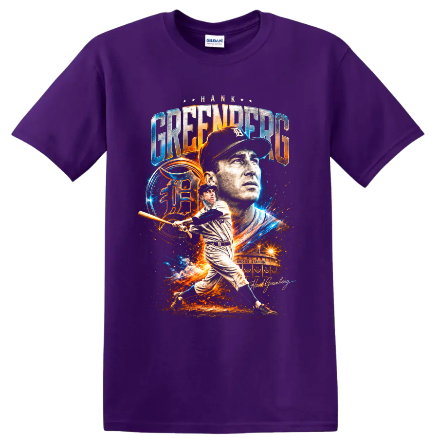 Hank Greenberg Detroit Tigers portrait and batting collage with Briggs Stadium on a Purple T Shirt