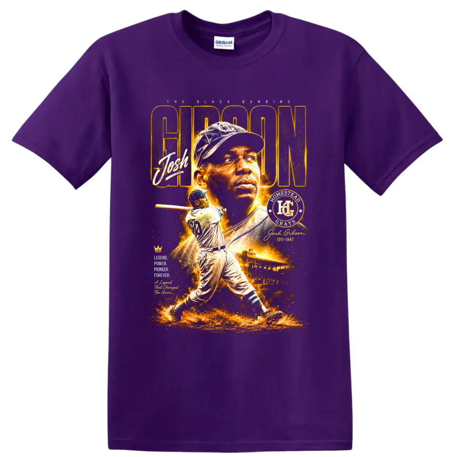 Josh Gibson Homestead Grays portrait and batting tribute in glowing vintage baseball style on a Purple T Shirt