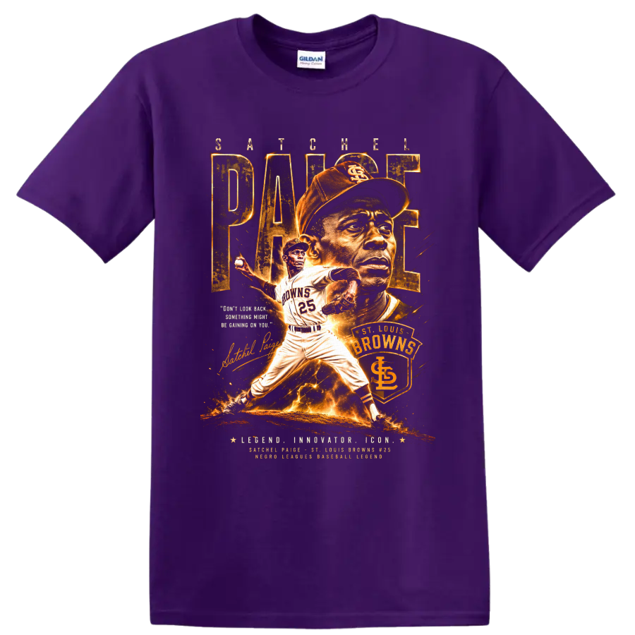 Satchel Paige St. Louis Browns pitcher portrait and action vintage baseball graphic on a Purple T Shirt