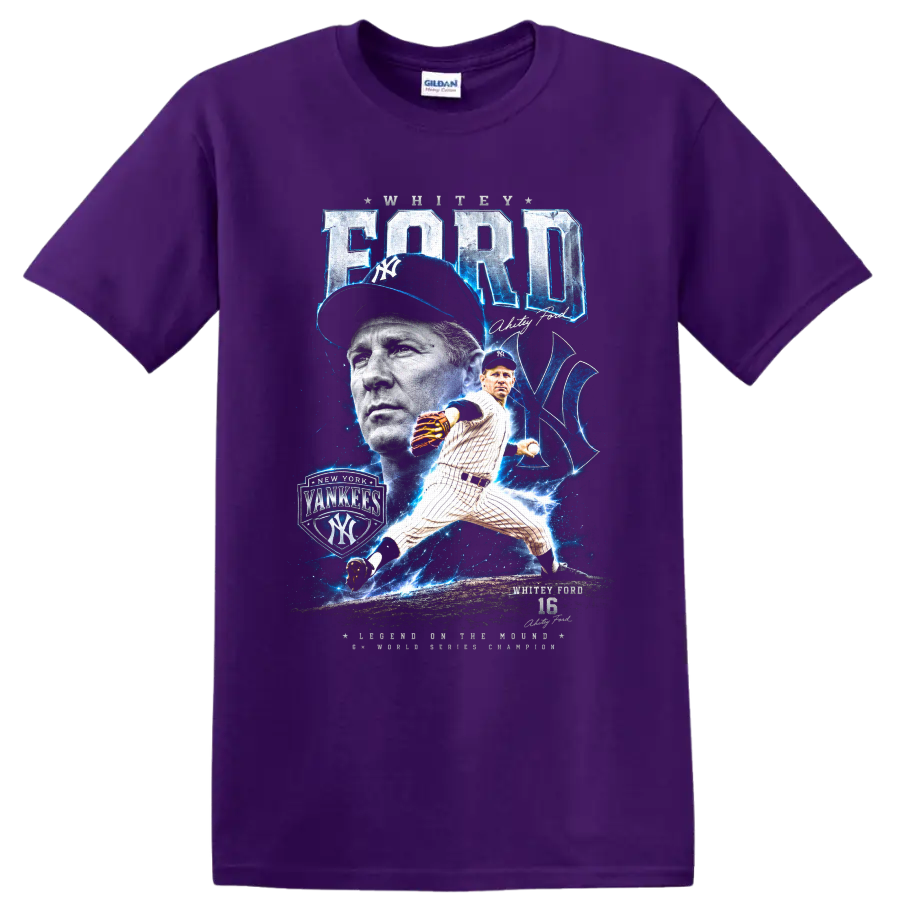 Whitey Ford New York Yankees pitcher portrait and action graphic with number 16 on a Purple T Shirt