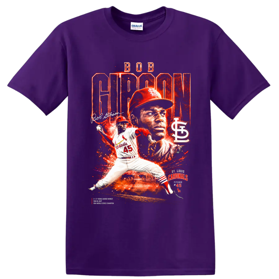 Bob Gibson Cardinals pitcher 45 in fiery distressed baseball collage with STL logo on a Purple T Shirt