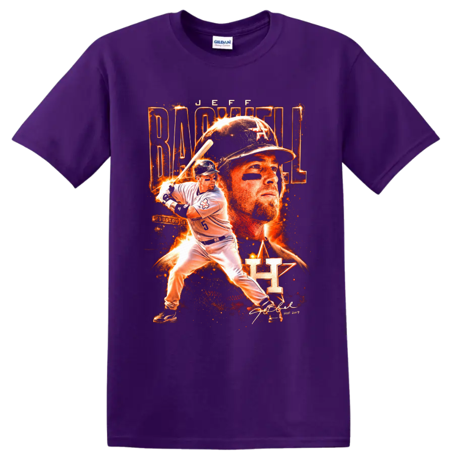 Jeff Bagwell Houston baseball portrait and batting action in fiery vintage poster style on a Purple T Shirt