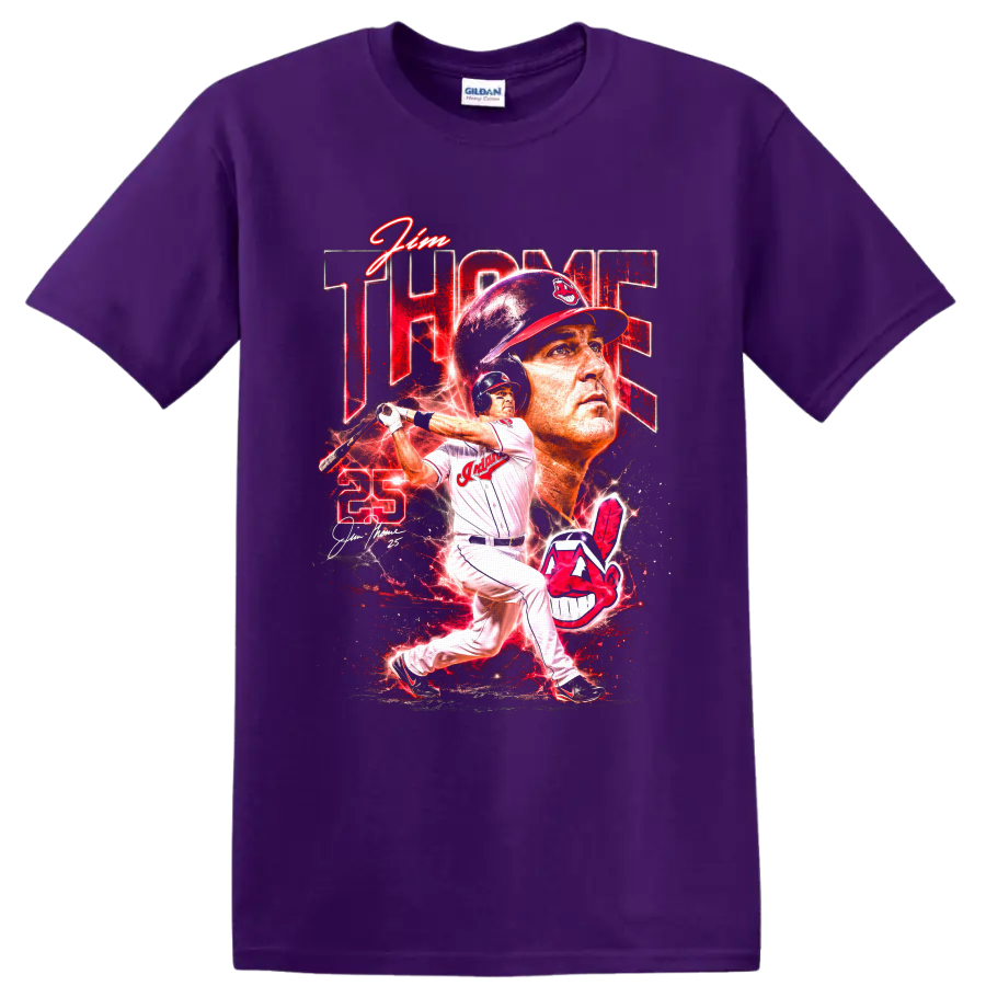 Jim Thome Cleveland Indians batting portrait with number 25 and red lightning graphic on a Purple T Shirt
