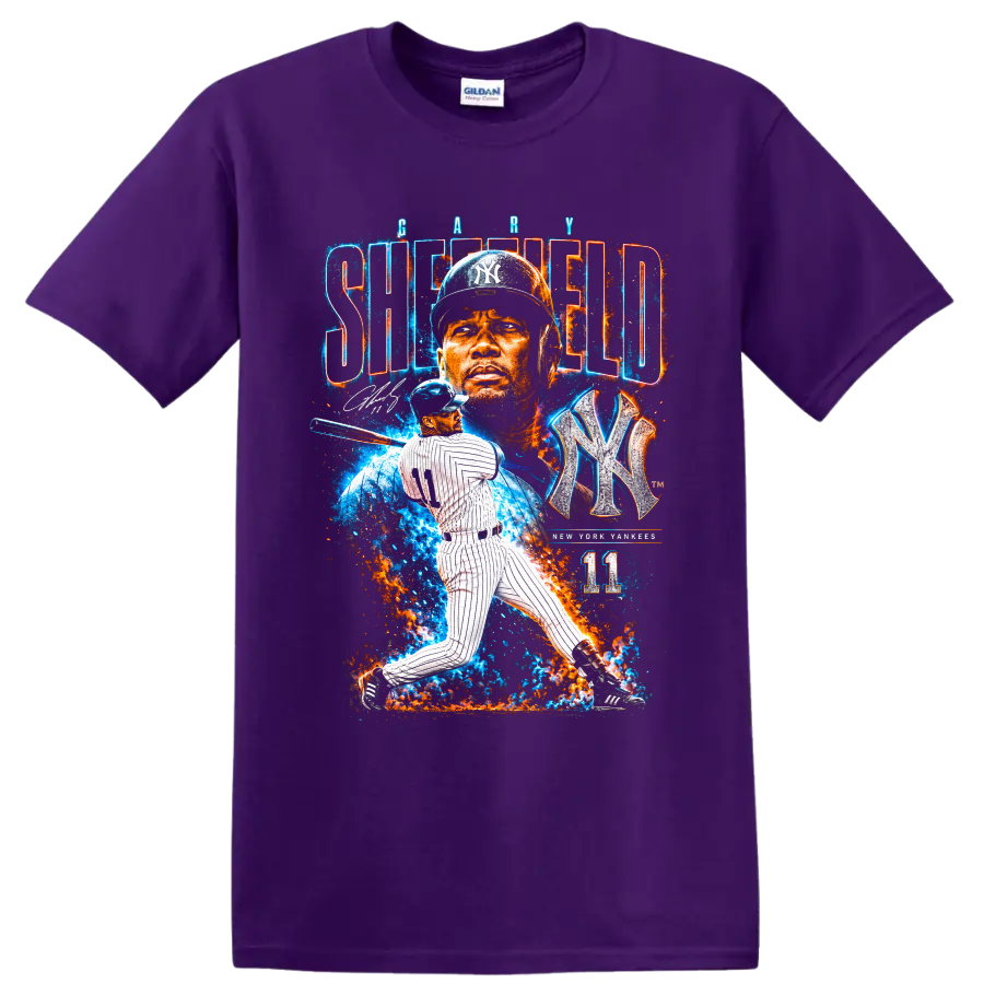 Gary Sheffield Yankees portrait and batting graphic with NY emblem and number 11 on a Purple T Shirt