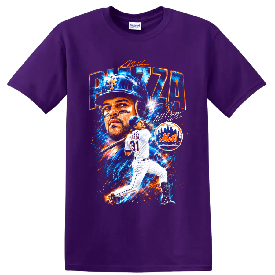 Mike Piazza New York Mets catcher No. 31 in electric blue-and-orange baseball collage on a Purple T Shirt