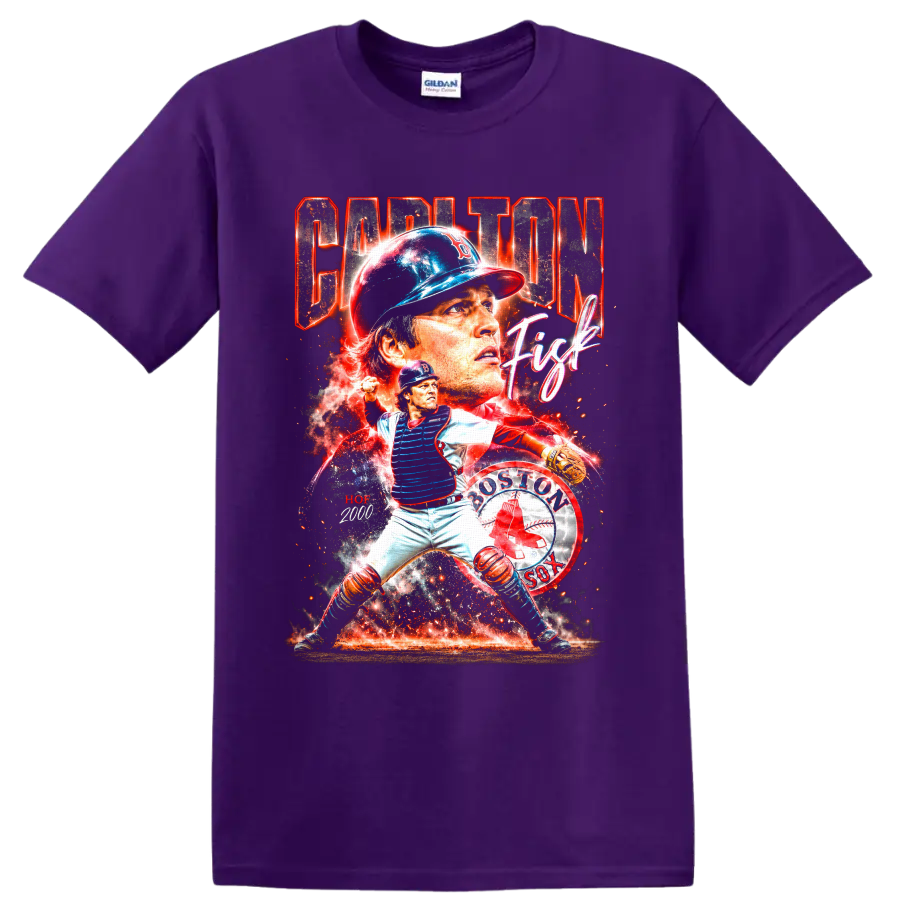 Carlton Fisk Boston Red Sox catcher collage with Captain Fisk and HOF 2000 text on a Purple T Shirt