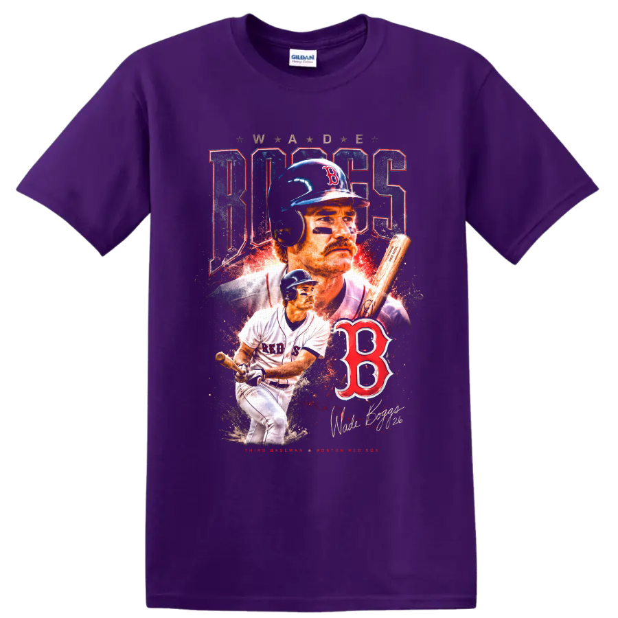 Wade Boggs Boston Red Sox vintage baseball collage with batting pose and number 26 on a Purple T Shirt
