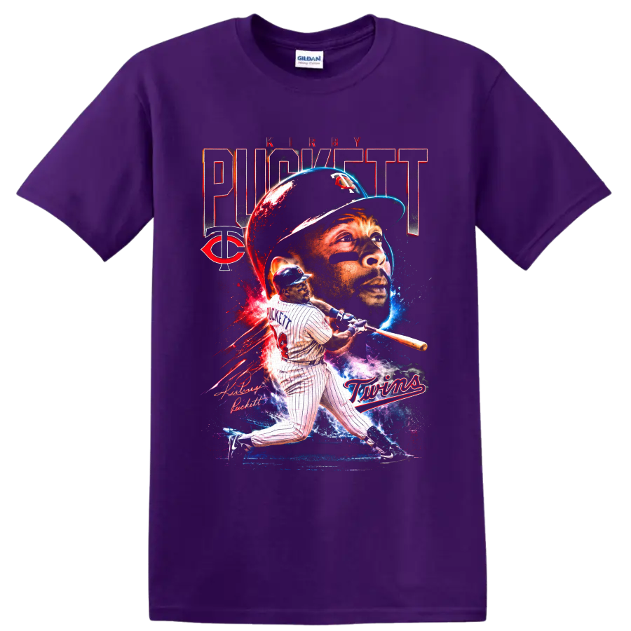 Kirby Puckett Minnesota Twins portrait and batting graphic with number 34 and TC emblem on a Purple T Shirt