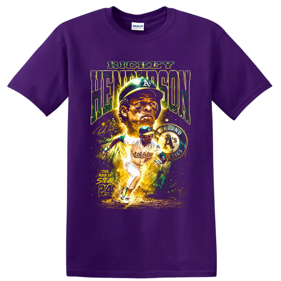 Rickey Henderson Oakland Athletics collage with Man of Steal and 24 text on a Purple T Shirt