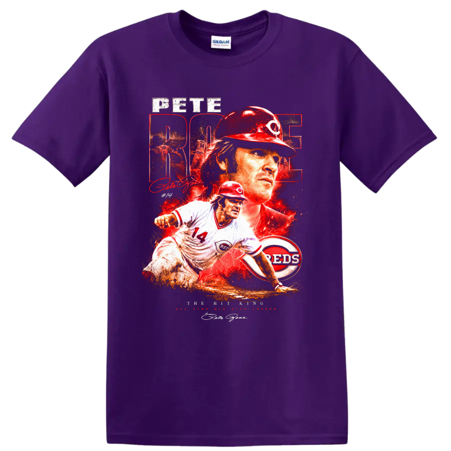 Pete Rose Cincinnati Reds Hit King distressed baseball collage with number 14 action art on a Purple T Shirt