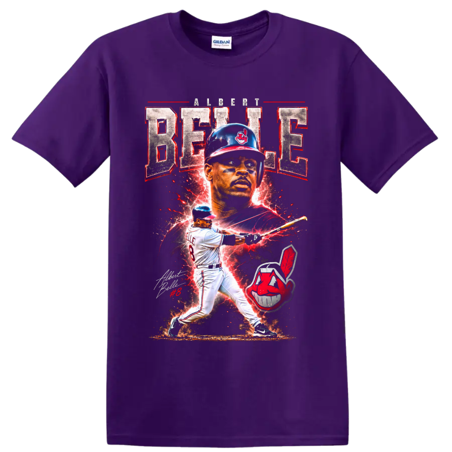 Albert Belle Cleveland Indians baseball poster collage with batting action and lightning on a Purple T Shirt