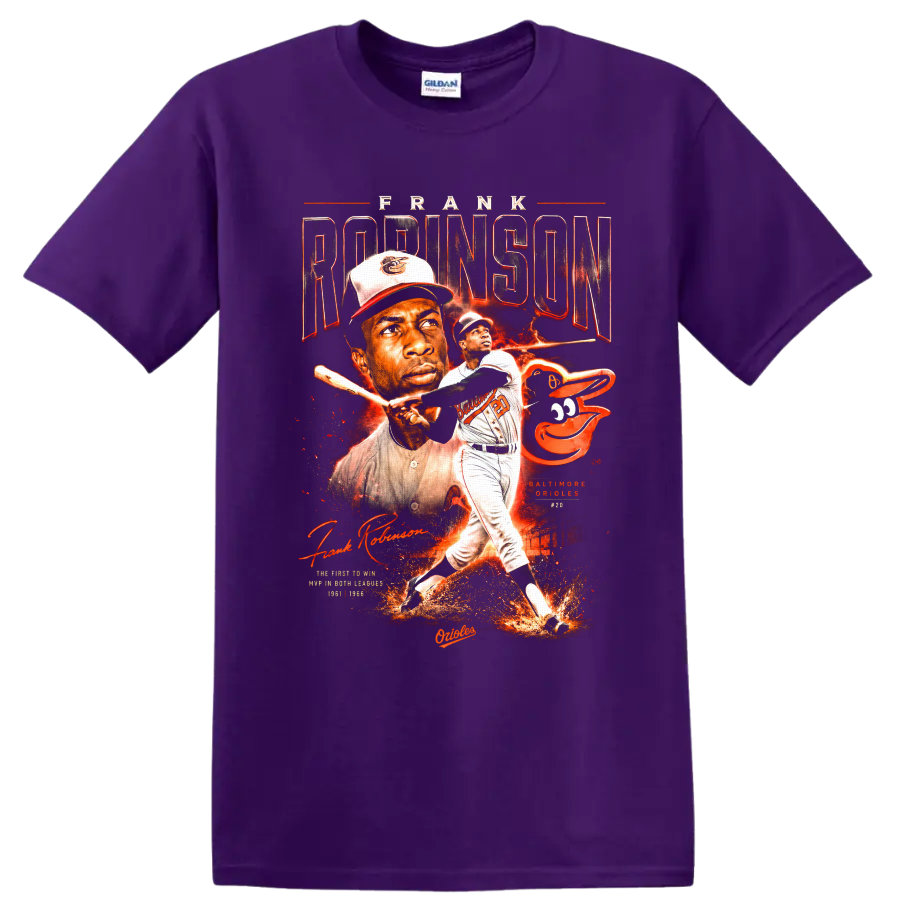 Frank Robinson Baltimore Orioles vintage baseball portrait and batting graphic on a Purple T Shirt