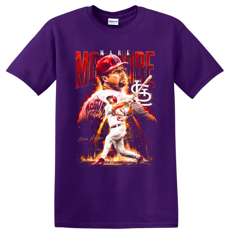 Mark McGwire St. Louis Cardinals batting collage with MCGWIRE text on a Purple T Shirt