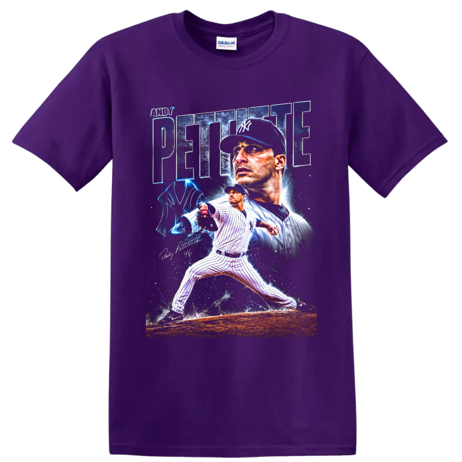Andy Pettitte Yankees pitcher portrait and pitching action graphic with number 46 on a Purple T Shirt