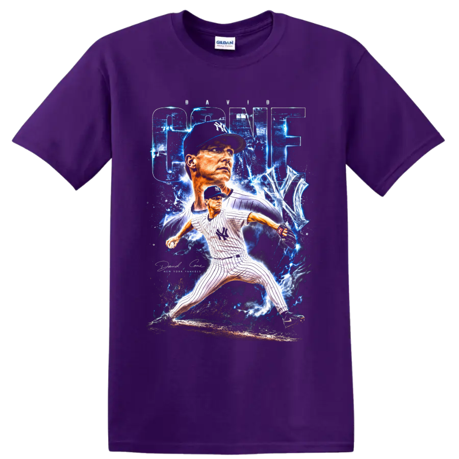 David Cone New York Yankees pitcher with electric blue CONE graphic and pitching pose on a Purple T Shirt