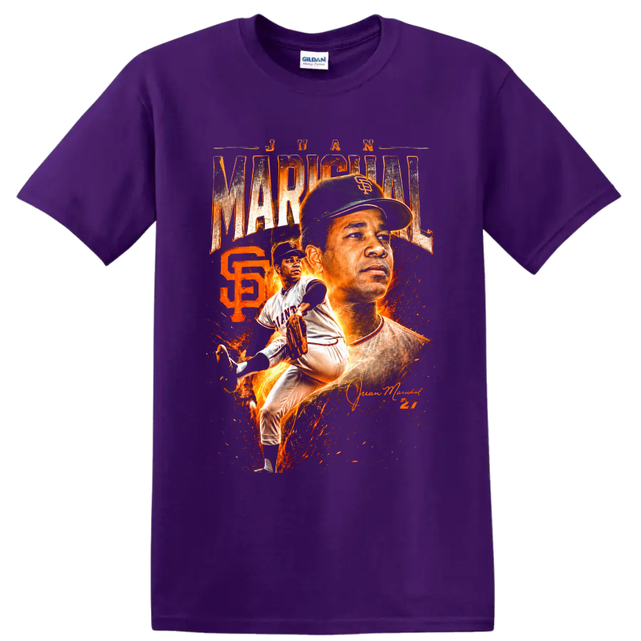 Juan Marichal Giants pitcher portrait and action graphic with fiery number 27 on a Purple T Shirt