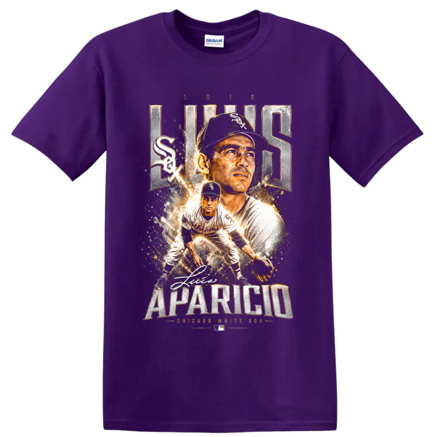 Luis Aparicio Chicago White Sox vintage baseball portrait and fielding graphic on a Purple T Shirt