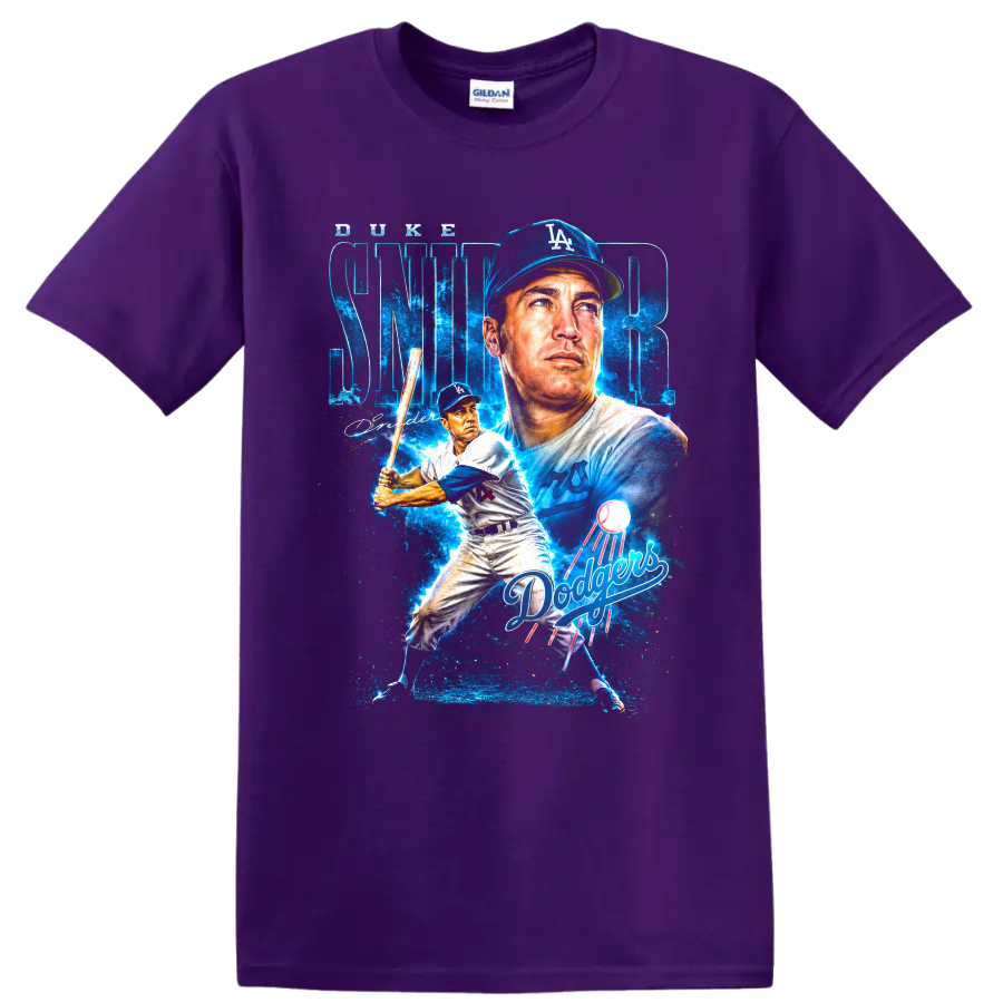 Duke Snider Los Angeles Dodgers portrait and batting collage with SNIDER lettering on a Purple T Shirt