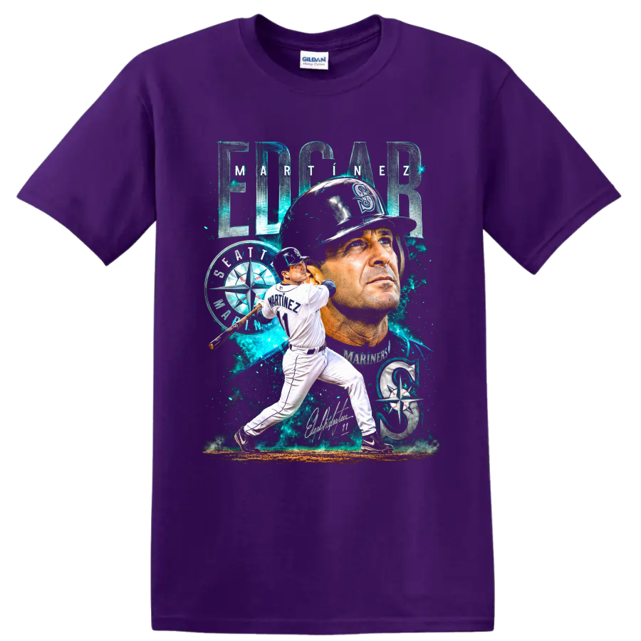 Edgar Martínez Seattle Mariners portrait and batting graphic with number 11 on a Purple T Shirt