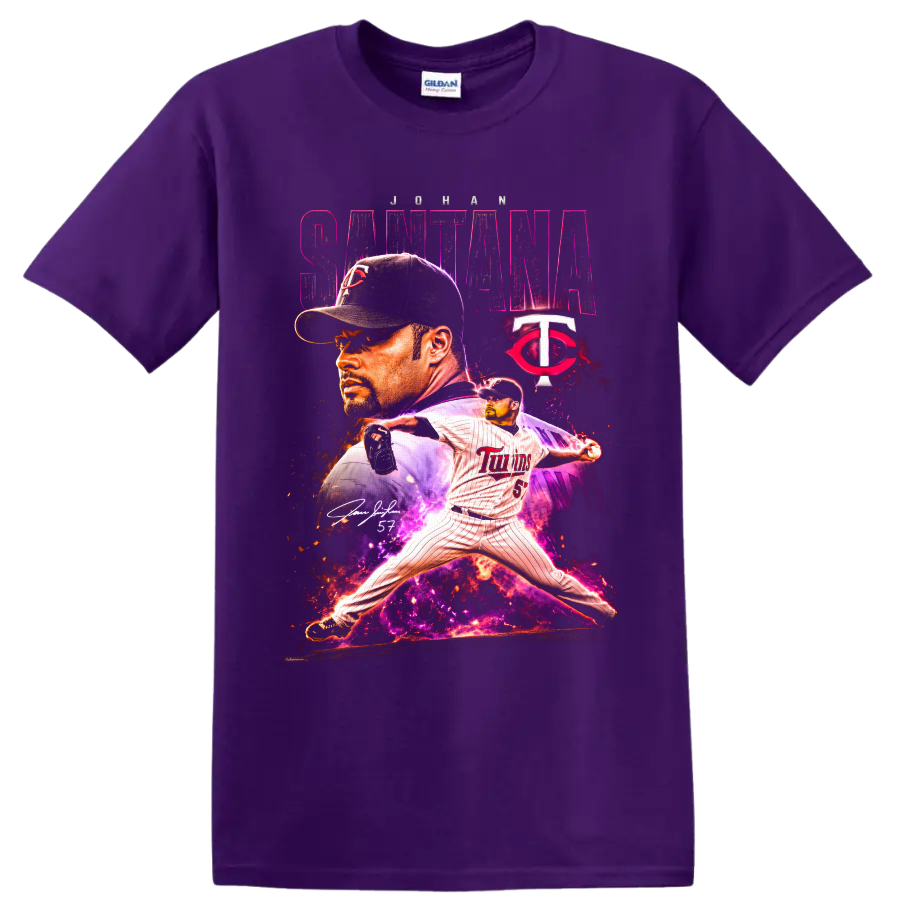 Johan Santana Minnesota Twins pitcher portrait and action graphic with number 57 on a Purple T Shirt