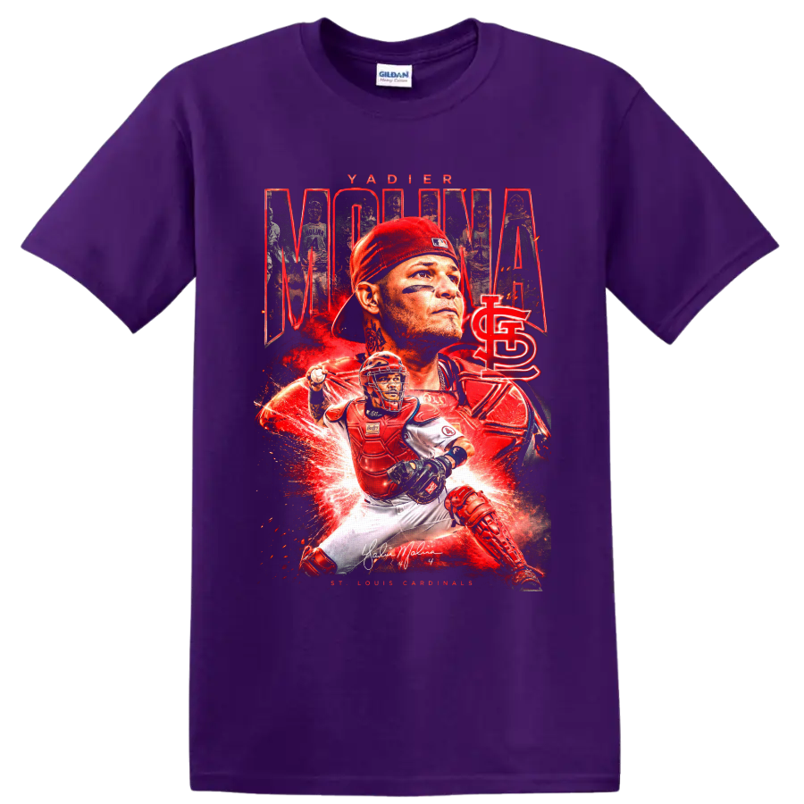 Yadier Molina St. Louis Cardinals catcher collage with red energy effects on a Purple T Shirt