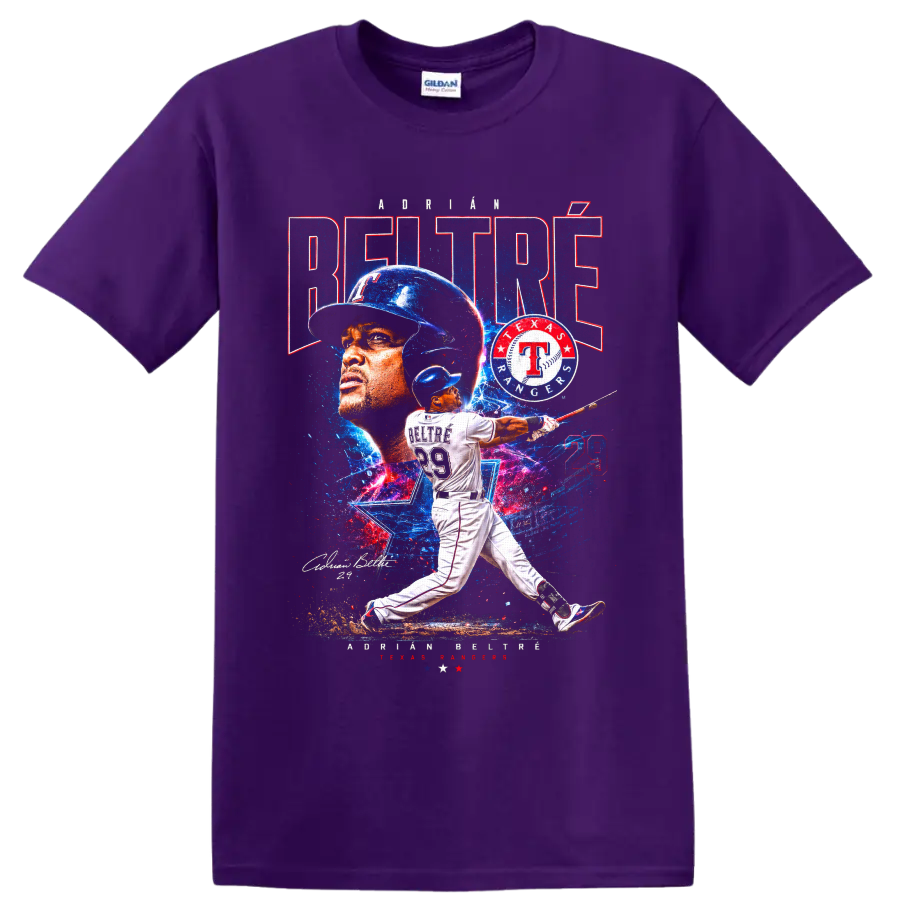 Adrián Beltré Texas Rangers batting collage with number 29 and distressed team graphics on a Purple T Shirt