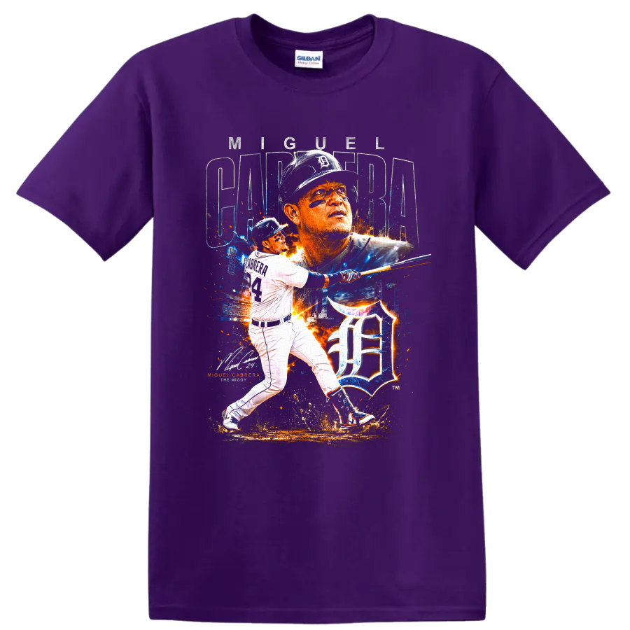 Miguel Cabrera Detroit Tigers batting portrait with Old English D splatter graphic on a Purple T Shirt