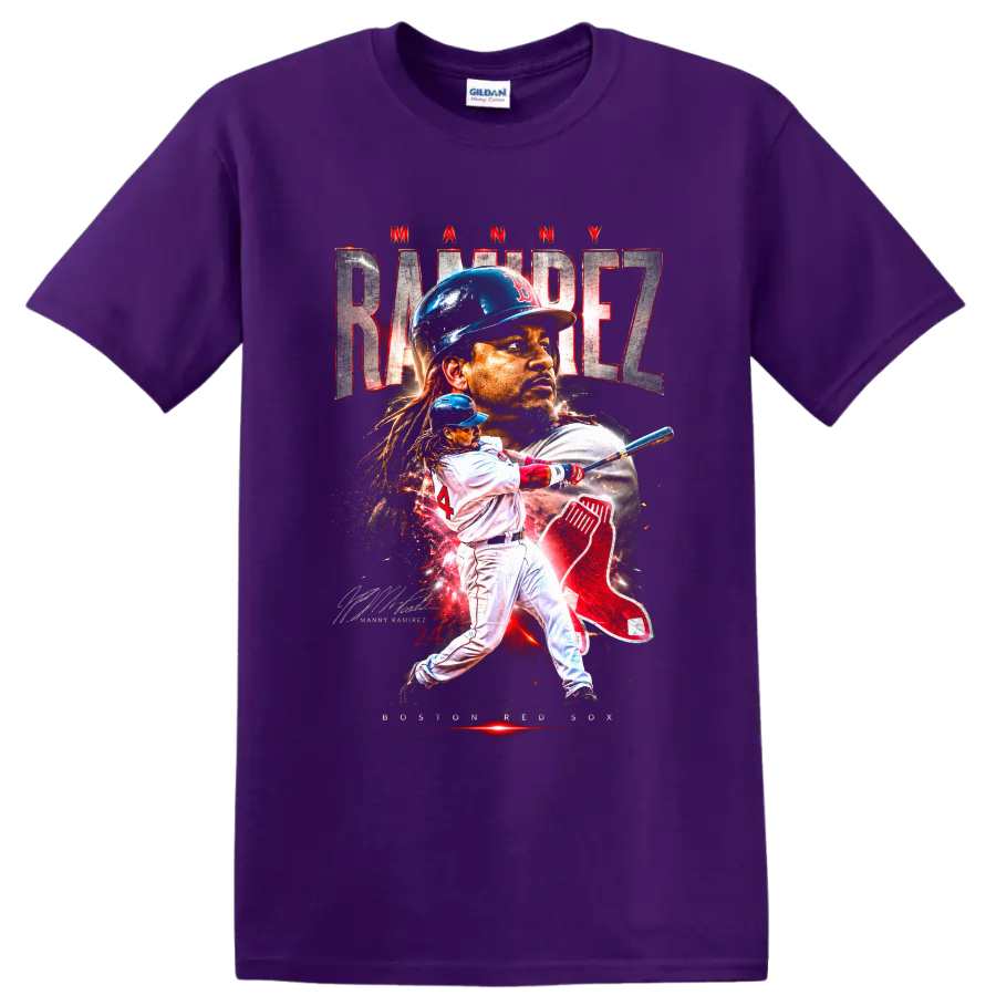 Manny Ramirez Boston Red Sox portrait and batting graphic with number 24 on a Purple T Shirt