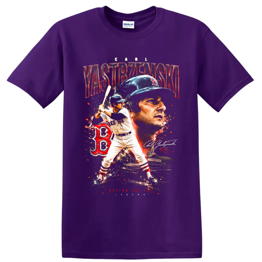 Carl Yastrzemski Boston Red Sox portrait and batting action vintage collage on a Purple T Shirt