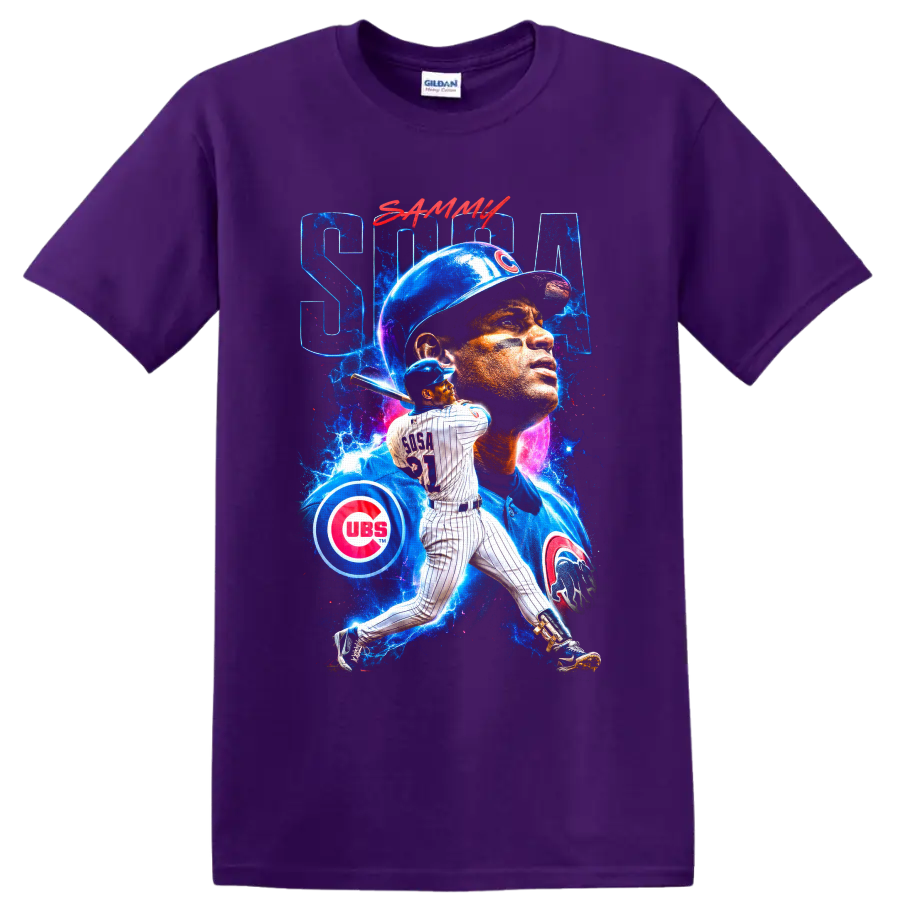 Sammy Sosa Chicago Cubs batting portrait collage with electric blue cosmic splashes on a Purple T Shirt