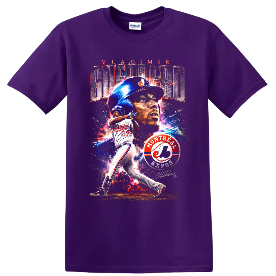 Vladimir Guerrero Montreal Expos portrait and batting graphic with number 27 on a Purple T Shirt