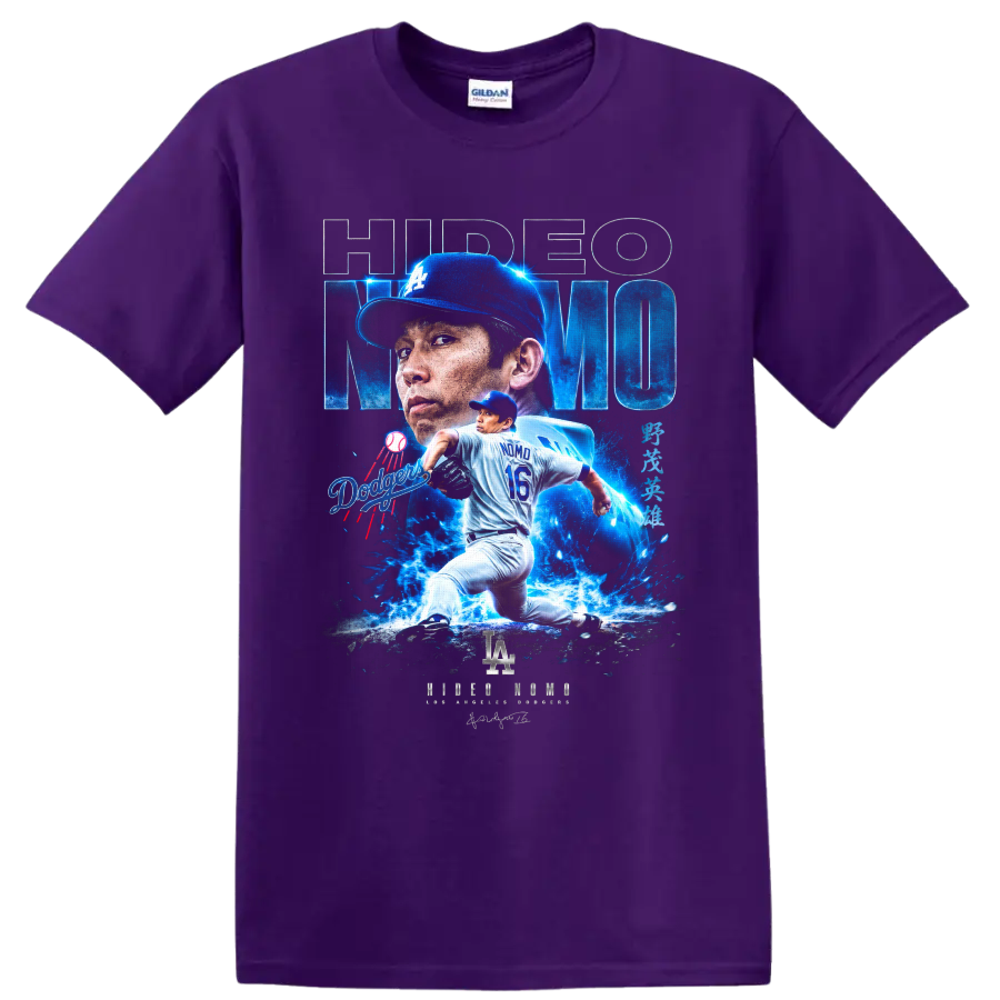 Hideo Nomo Dodgers pitcher portrait and number 16 action graphic on a Purple T Shirt