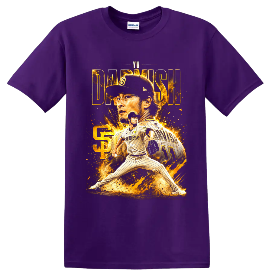Yu Darvish Padres pitcher collage with gold sparks, action pose, and number 11 jersey on a Purple T Shirt