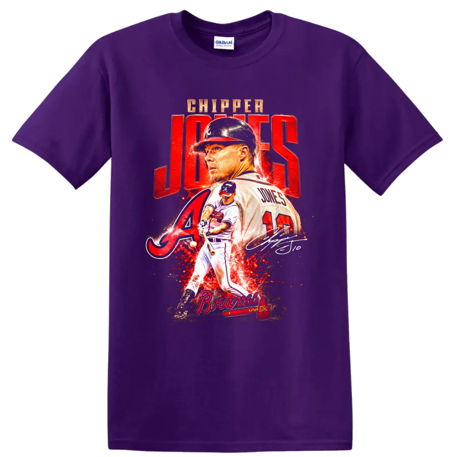 Chipper Jones Atlanta Braves portrait and batting action graphic with number 10 on a Purple T Shirt