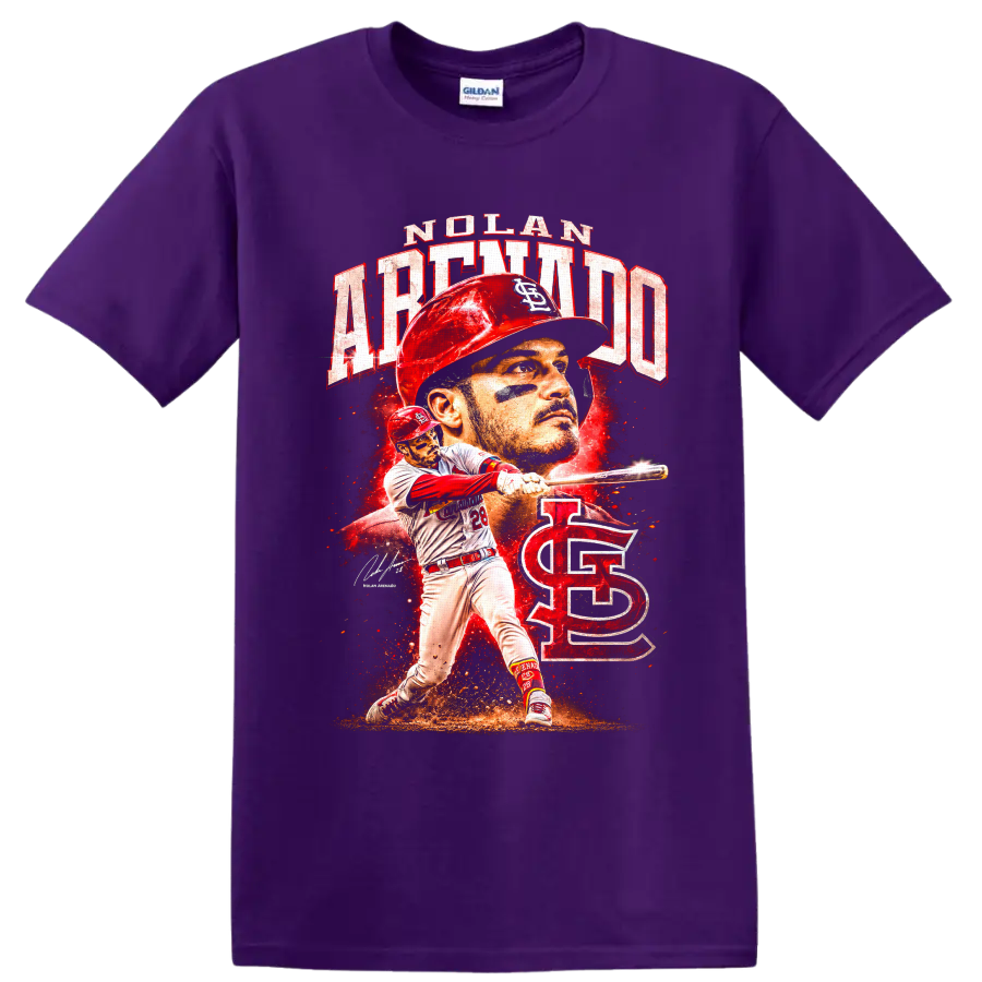 Nolan Arenado Cardinals batting portrait and action graphic with distressed red lettering on a Purple T Shirt