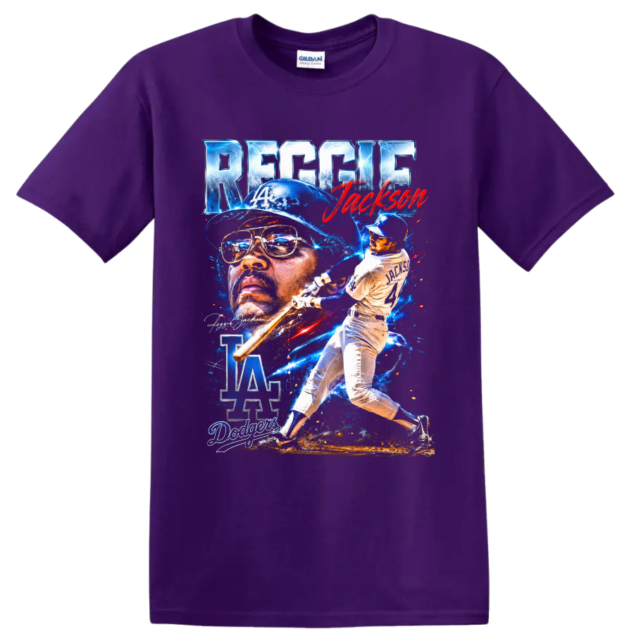 Reggie Jackson Dodgers portrait and batting collage with LA logo and number 14 on a Purple T Shirt
