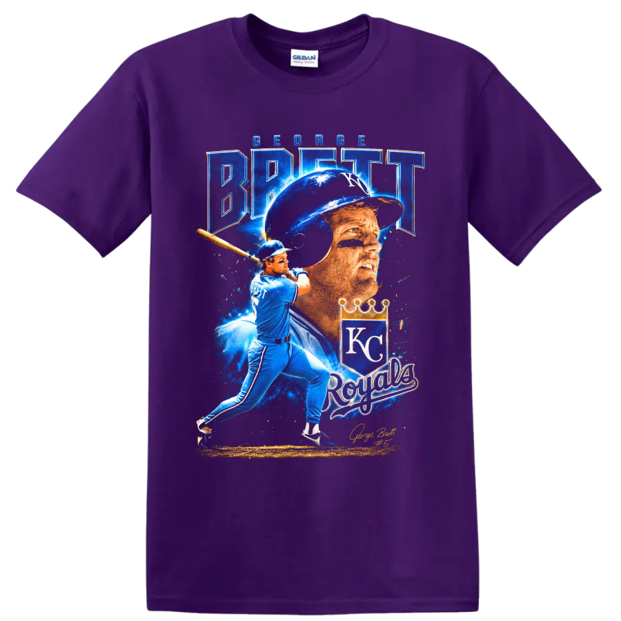 George Brett Kansas City Royals portrait and batting graphic with KC crown on a Purple T Shirt