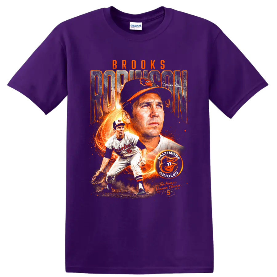 Brooks Robinson Baltimore Orioles vintage baseball collage with number 5 and fiery orange on a Purple T Shirt