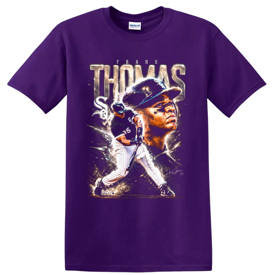 Frank Thomas Chicago White Sox portrait and batting action baseball collage graphic on a Purple T Shirt