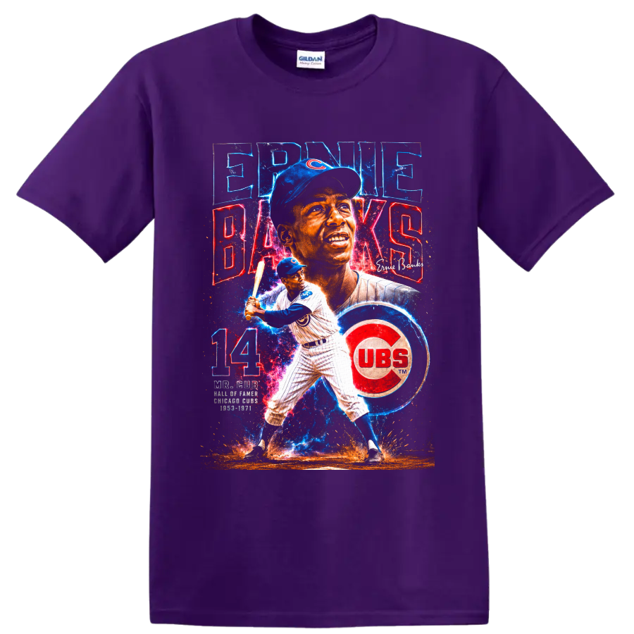 Ernie Banks Chicago Cubs Mr. Cub portrait and batting graphic with number 14 on a Purple T Shirt