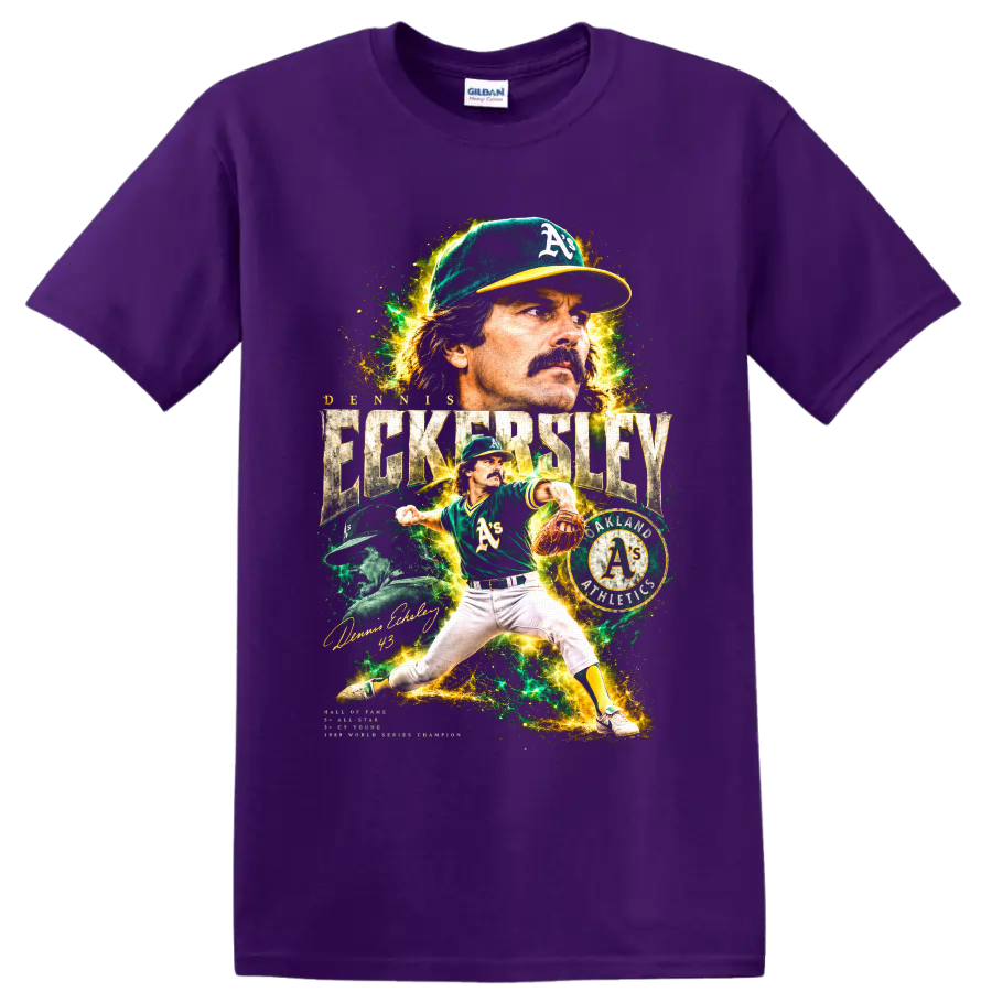 Dennis Eckersley Oakland Athletics pitcher collage with vintage baseball lettering on a Purple T Shirt