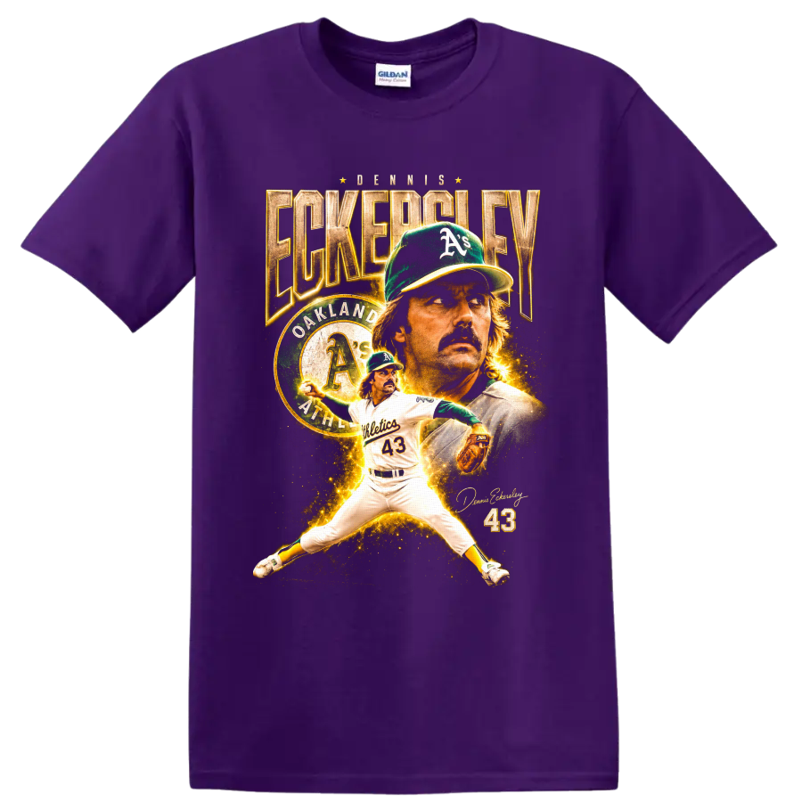 Dennis Eckersley Oakland Athletics number 43 pitcher collage with vintage gold text on a Purple T Shirt