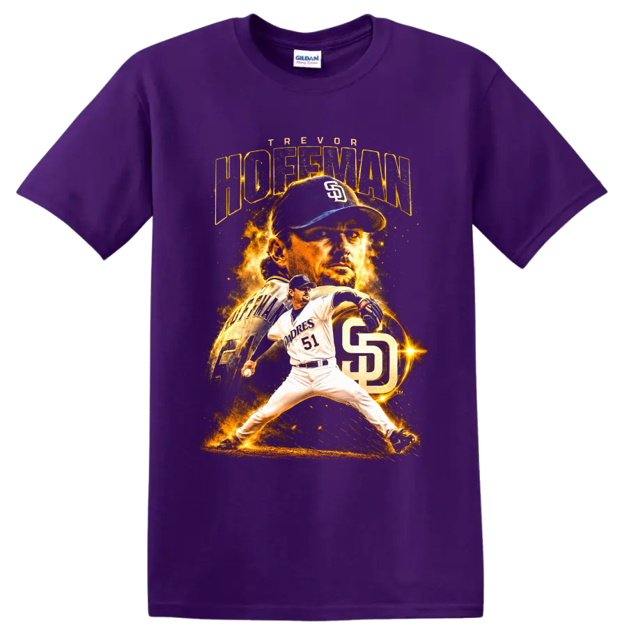 Trevor Hoffman Padres number 51 pitching graphic with fiery portrait and SD monogram on a Purple T Shirt